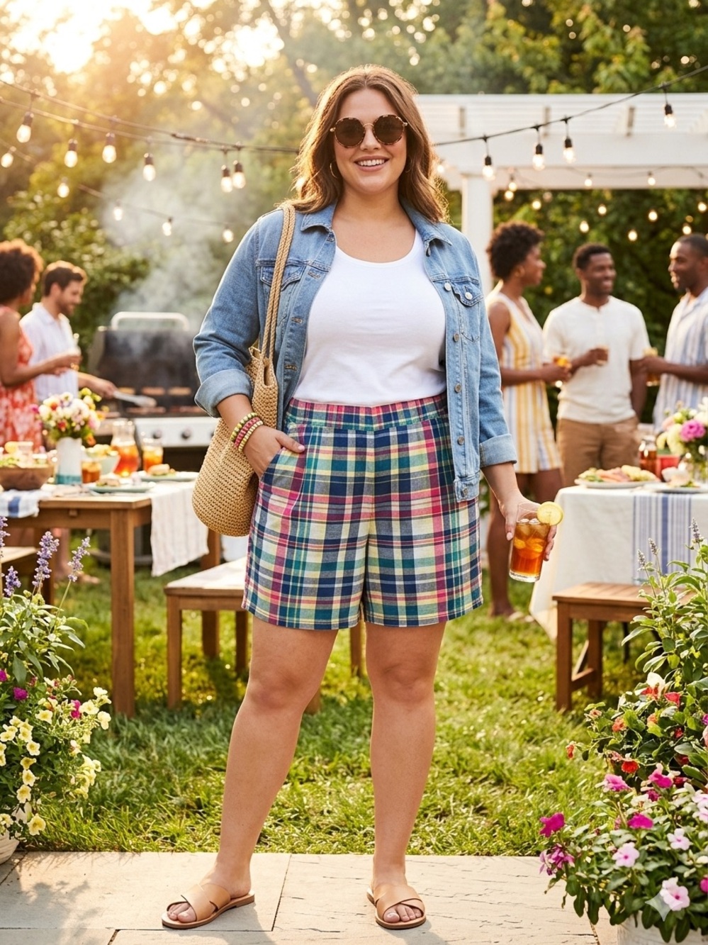 Lane Bryant Size 22 Plaid Pull On Casual Shorts Multicolor Elastic Waist